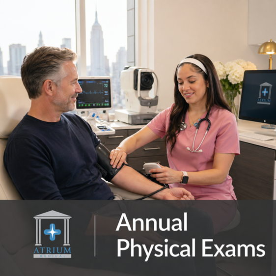 Atrium Medical clinical staff member taking a patient's blood pressure in the practice's Midtown Manhattan exam room, with the New York City skyline visible through the window.