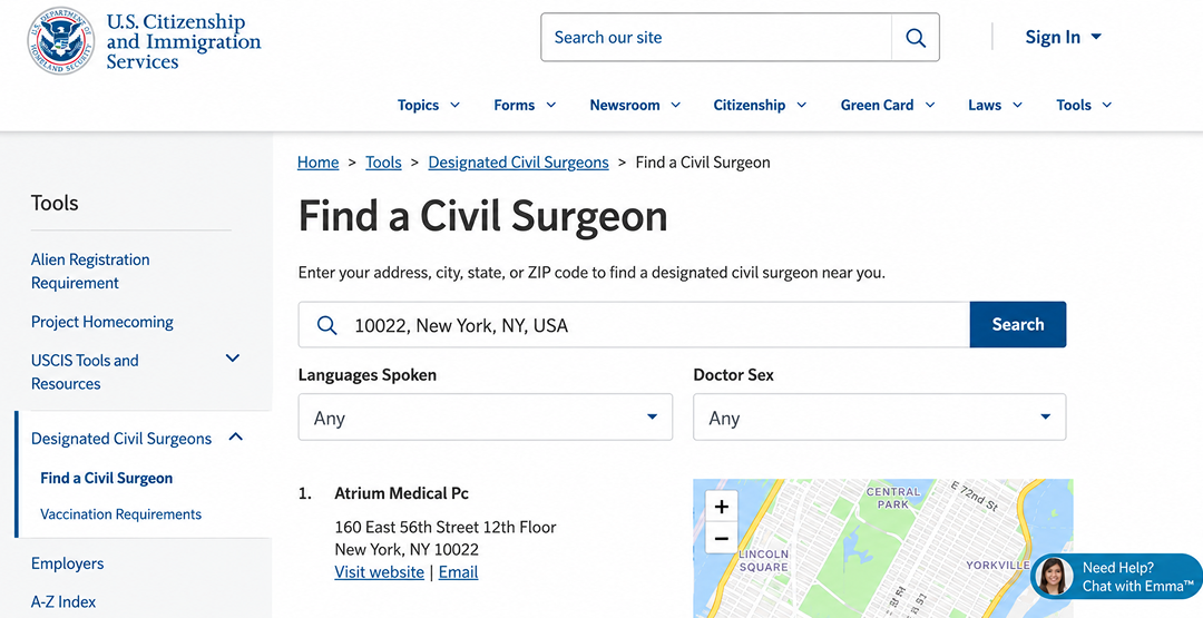 USCIS Find a Civil Surgeon result showing Atrium Medical PC at 160 East 56th Street in New York, NY 10022 for immigration medical exams.