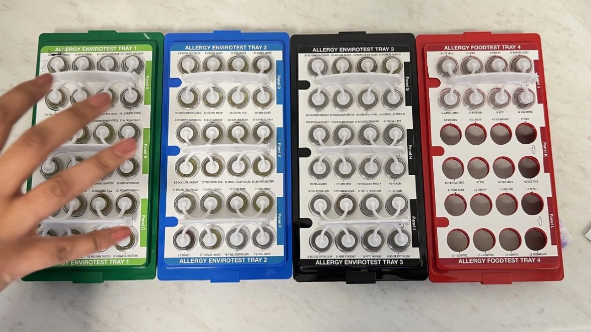 Color-coded allergy skin testing trays used for in-office environmental and food allergy testing at Atrium Medical in Midtown Manhattan