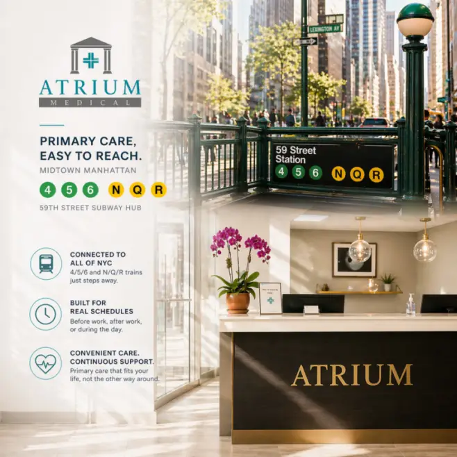 Atrium Medical primary care reception, steps from the 59th Street subway station serving the 4, 5, 6, N, Q, R, and W lines in Midtown Manhattan.