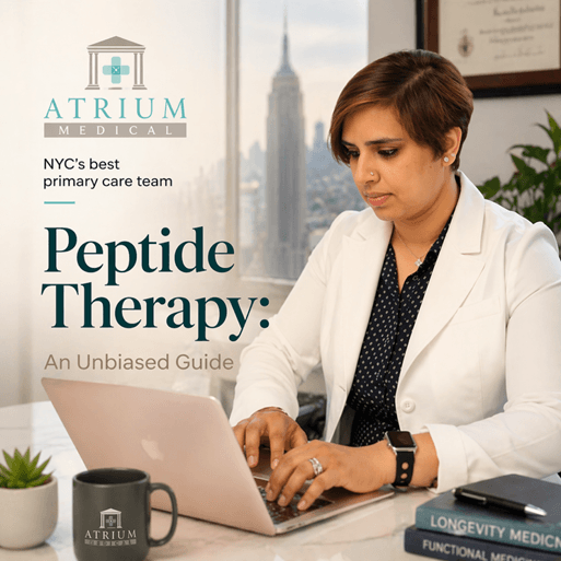 Dr. Shilpa Paradkar Singh, MD, founder and board-certified internist at Atrium Medical, reviewing peptide therapy research at her Midtown Manhattan office with the New York City skyline in the background.