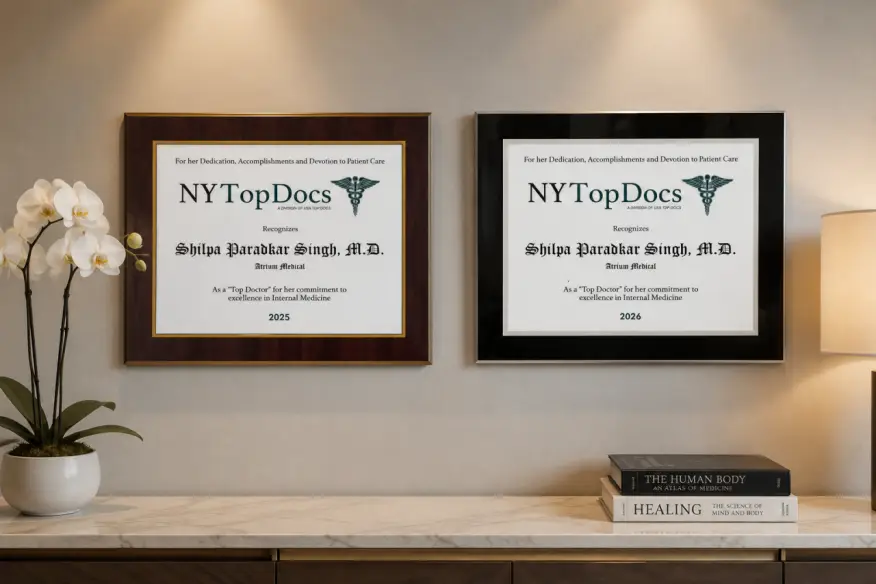 NY Top Docs awards recognizing Dr. Shilpa Paradkar Singh for excellence in internal medicine in 2025 and 2026