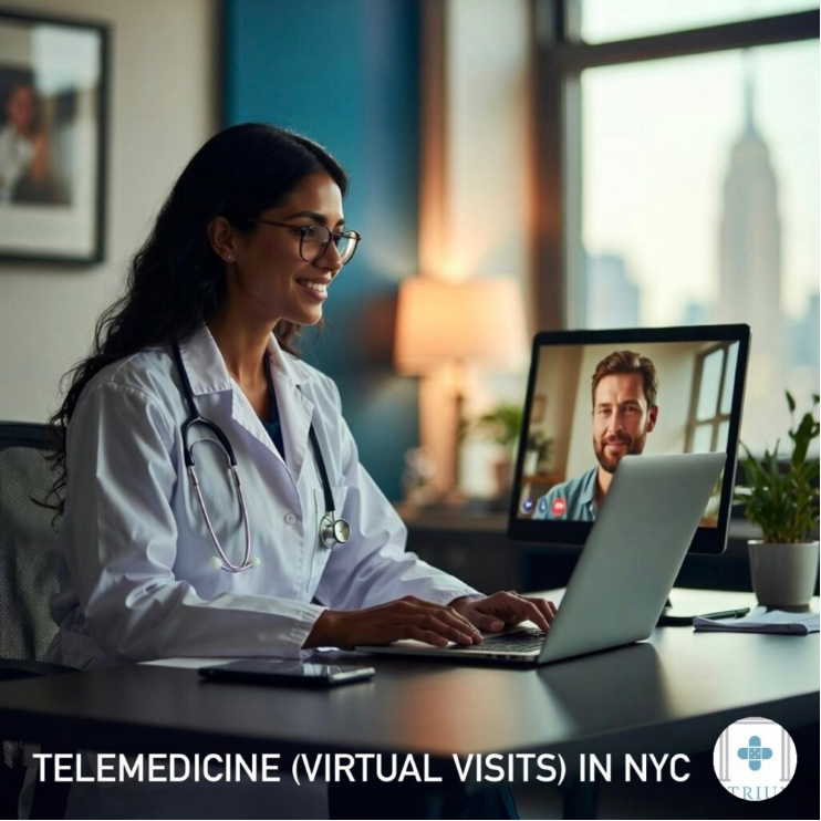 Atrium Medical clinician conducting a telehealth televisit with a patient in Midtown Manhattan, providing virtual primary care via secure video