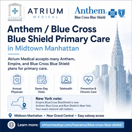 Atrium accepts various Anthem Blue Cross Blue Shield plans, including PPO, POS, Indemnity, HMO, EPO, MediBlue, Pathways, Pathways Enhance. Empire/Anthem Priority Blue is out-of-network / non-par.