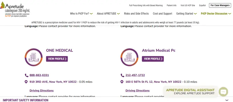 APRETUDE provider locator screenshot showing Atrium Medical PC listed at 160 East 56th Street, 12th Floor, New York, NY 10022