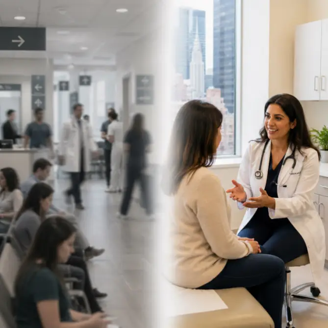 Visual comparison of Atrium Medical Primary Care, an independent physician-owned practice in Midtown Manhattan, versus a large hospital system primary care setting.