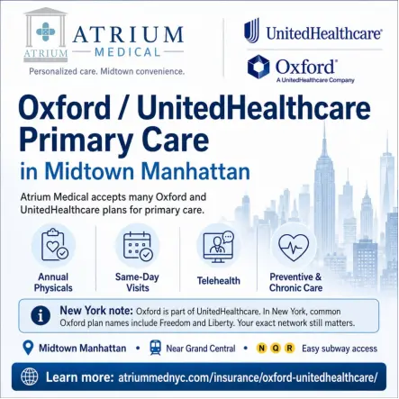 WordPress alt text for graphic: Atrium accepts various Oxford UnitedHealthcare plans, including PPO, POS, EPO, HMO, Freedom, Liberty