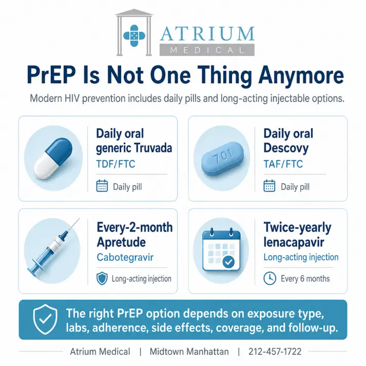 Infographic explaining modern PrEP options in NYC, including daily oral generic Truvada, daily oral Descovy, injectable APRETUDE every 2 months, and twice-yearly lenacapavir, with Atrium Medical in Midtown Manhattan.