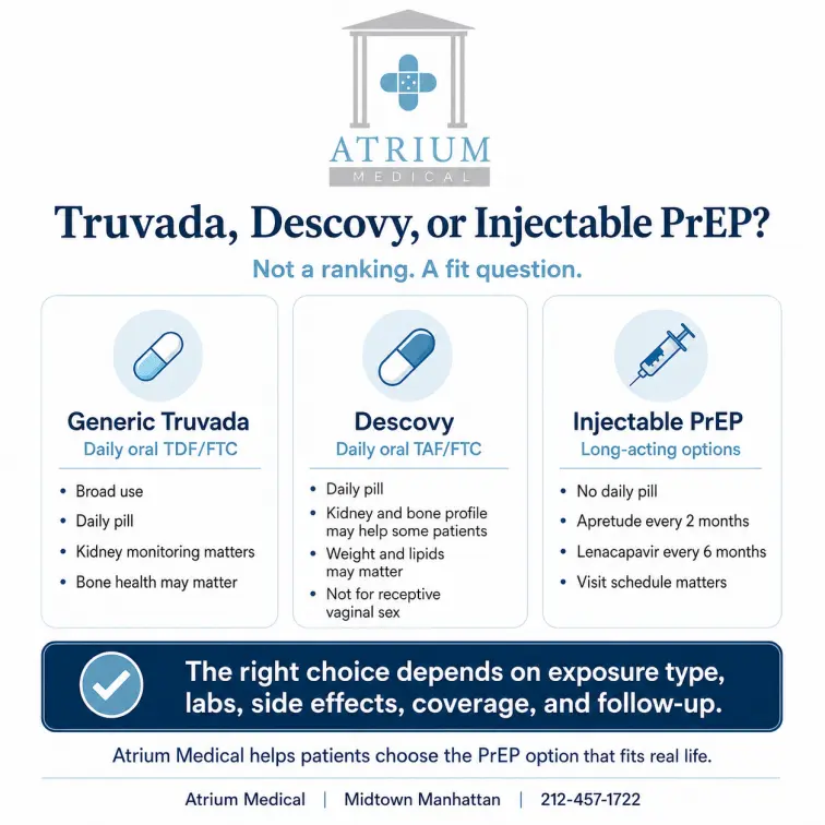 Infographic comparing generic Truvada, Descovy, and injectable PrEP options such as APRETUDE and lenacapavir, emphasizing that the right choice depends on exposure type, labs, side effects, coverage, and follow-up.