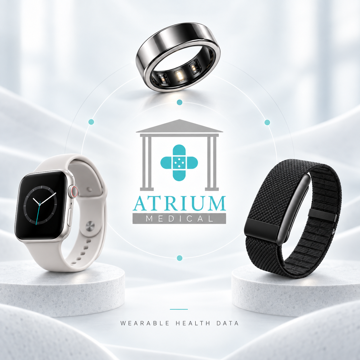 Atrium Medical Primary Care Logo surrounded by modern wearable devices: Oura ring, Apple smartwatch, and Whoop band.