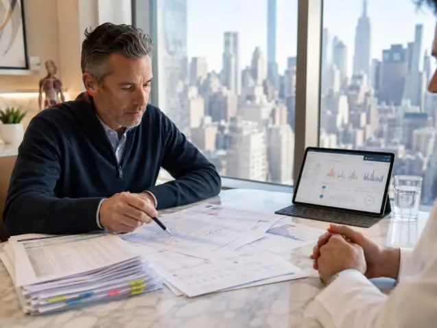 Patient reviewing advanced biomarker lab results with an Atrium clinician in their Midtown Manhattan office