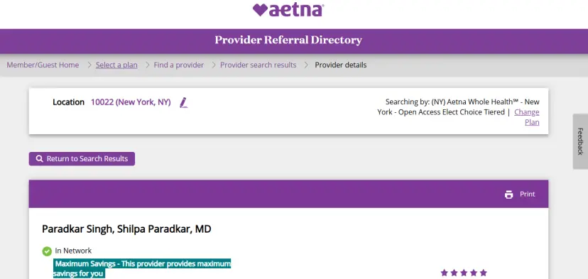 Aetna Provider Referral Directory screenshot showing Shilpa Paradkar Singh, MD listed as an in-network Aetna provider for ZIP code 10022, with Maximum Savings and a 5-star provider rating.