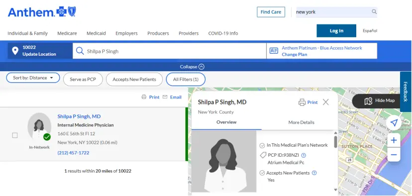 Anthem Blue Cross and Blue Shield provider directory screenshot showing Shilpa P. Singh, MD at Atrium Medical PC, 160 East 56th Street, 12th Floor, New York, NY 10022, listed as in-network and accepting new patients for the Anthem Platinum Blue Access Network plan shown.