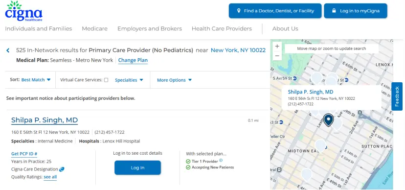 Cigna provider directory screenshot showing Shilpa P. Singh, MD at Atrium Medical, 160 East 56th Street, 12th Floor, New York, NY 10022, listed as a Cigna in-network internal medicine provider, Tier 1 Provider, Cigna Care Designation, and accepting new patients for the selected plan shown.