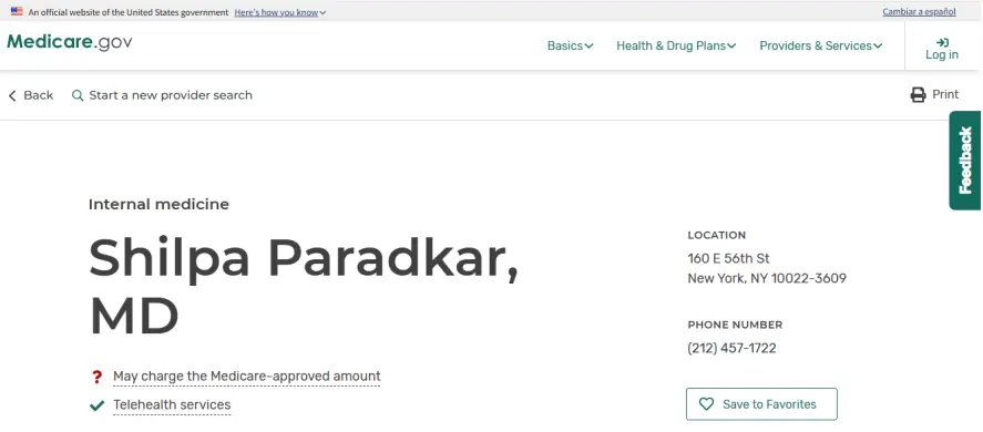 Medicare Care Compare screenshot showing Shilpa Paradkar Singh, MD, Internal Medicine, at Atrium Medical, 160 East 56th Street, 12th Floor, New York, NY 10022.