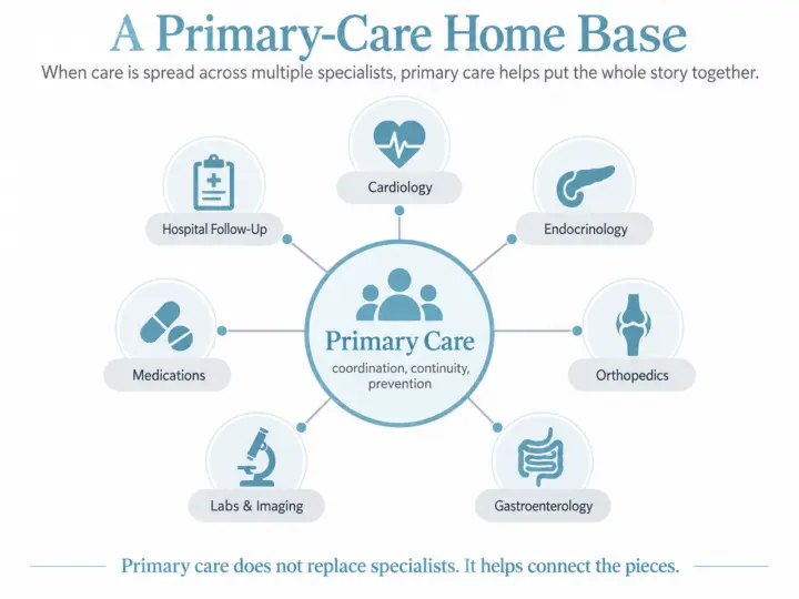 Diagram showing Atrium Medical as a primary-care home base coordinating cardiology, endocrinology, orthopedics, gastroenterology, medications, labs, and hospital follow-up for Medicare patients.