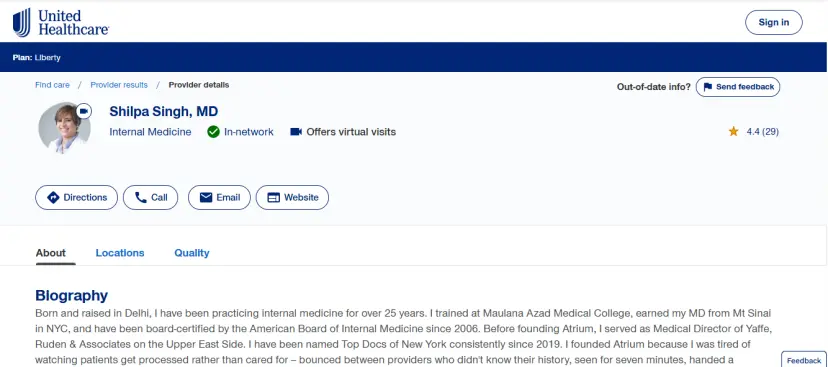 UnitedHealthcare provider directory screenshot showing Shilpa Singh, MD at Atrium Medical, 160 East 56th Street, 12th Floor, New York, NY 10022, listed as an in-network internal medicine provider for the Liberty plan shown and offering virtual visits.